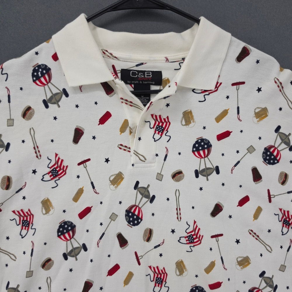 Croft & Barrow C&B Sport Mens Medium White BBQ Grill Patriotic Polo Shirt
